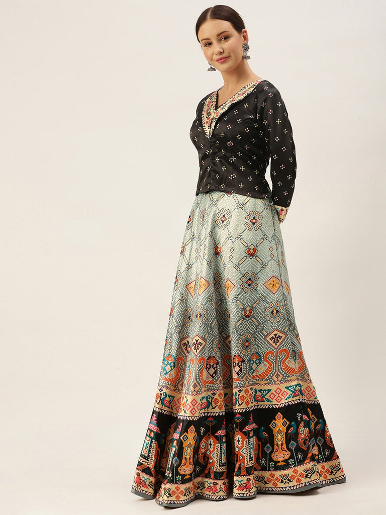 Women's Bandhni Patola Type Digital Print Shiney Satin Croptop Lehenga Choli With Unstitched Blouse