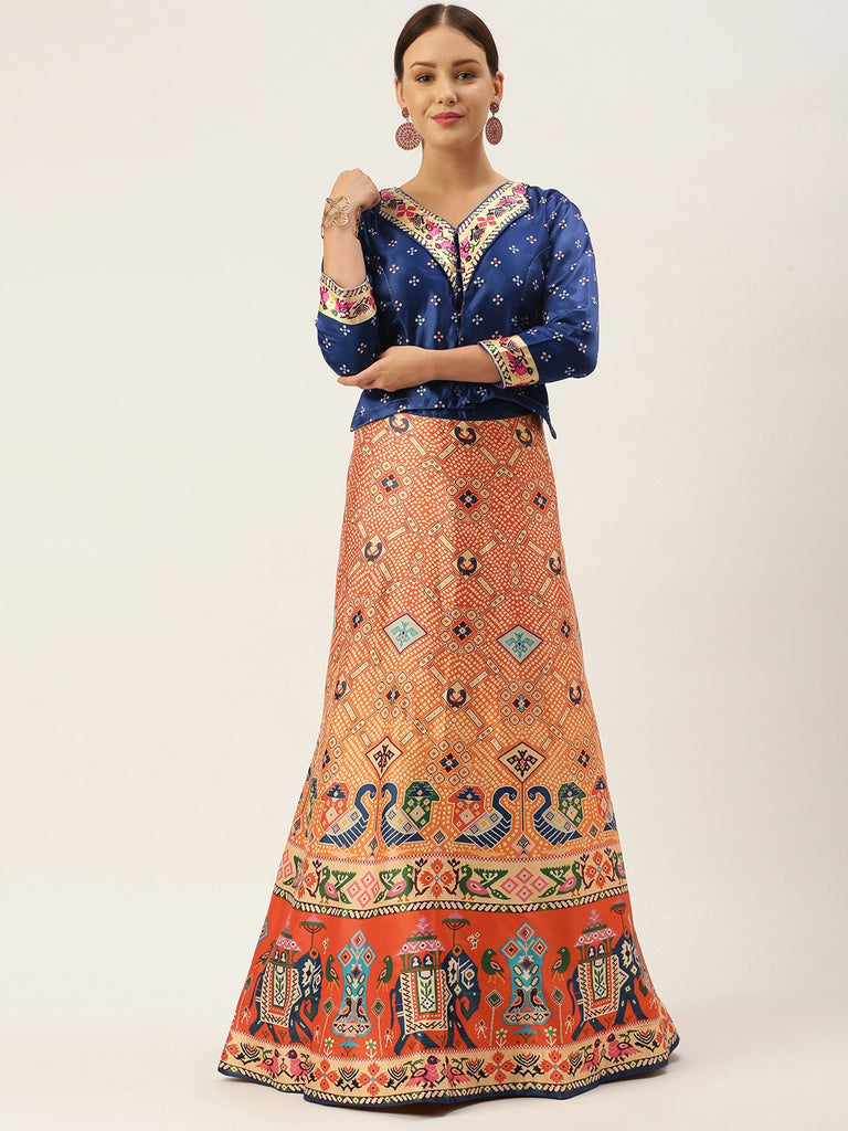 Women's Bandhni Patola Type Digital Print Shiney Satin Croptop Lehenga Choli With Unstitched Blouse