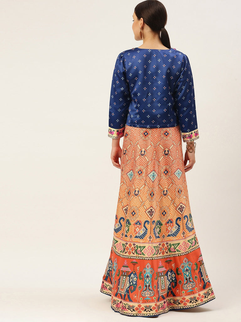 Women's Bandhni Patola Type Digital Print Shiney Satin Croptop Lehenga Choli With Unstitched Blouse