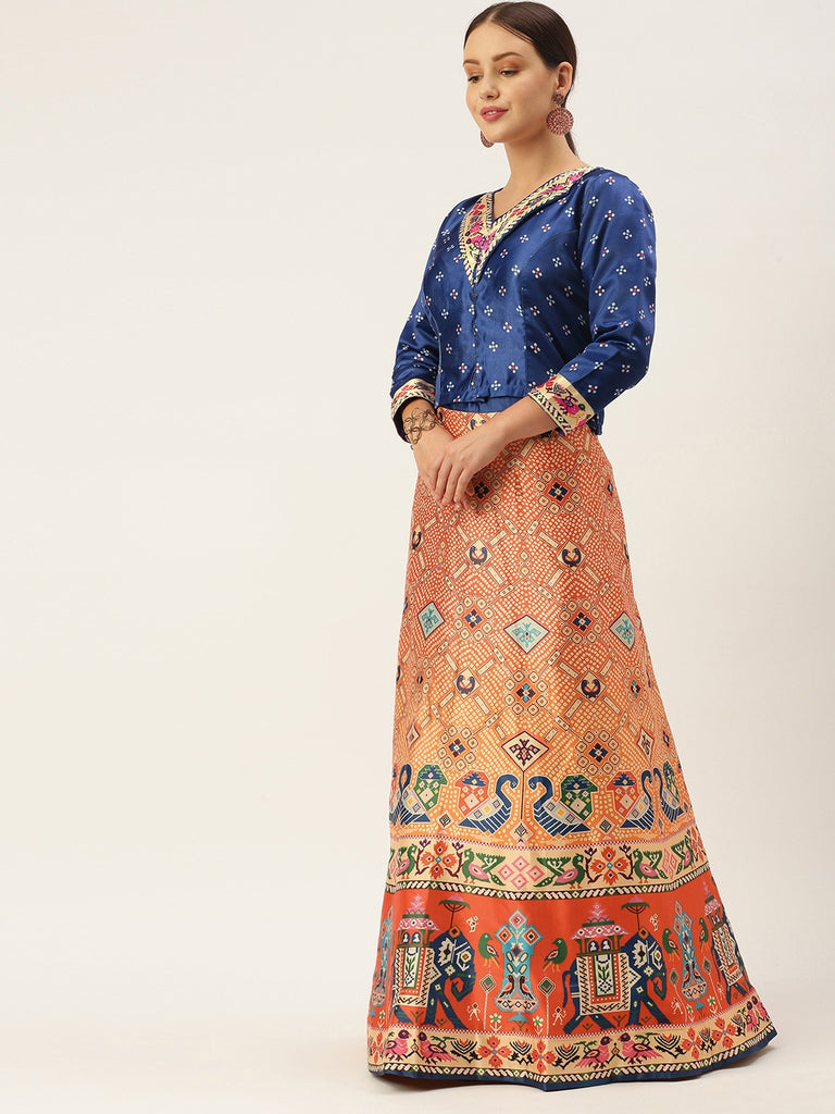 Women's Bandhni Patola Type Digital Print Shiney Satin Croptop Lehenga Choli With Unstitched Blouse