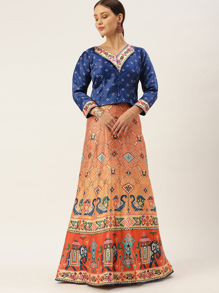 Women's Bandhni Patola Type Digital Print Shiney Satin Croptop Lehenga Choli With Unstitched Blouse