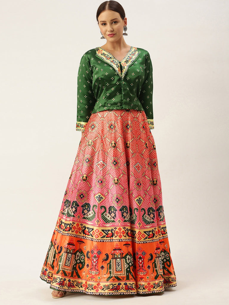 Women's Bandhni Patola Type Digital Print Shiney Satin Croptop Lehenga Choli With Unstitched Blouse