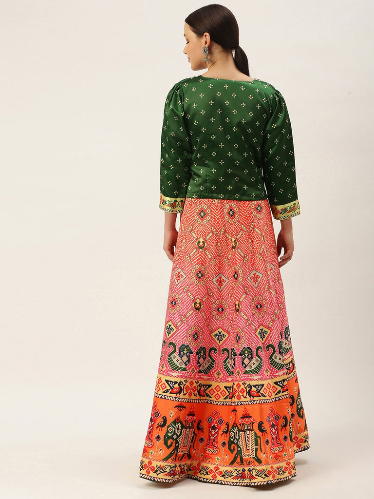 Women's Bandhni Patola Type Digital Print Shiney Satin Croptop Lehenga Choli With Unstitched Blouse