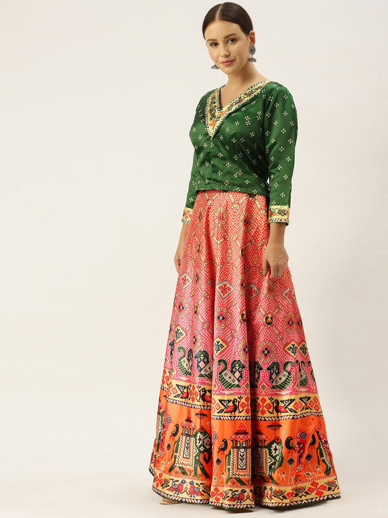 Women's Bandhni Patola Type Digital Print Shiney Satin Croptop Lehenga Choli With Unstitched Blouse
