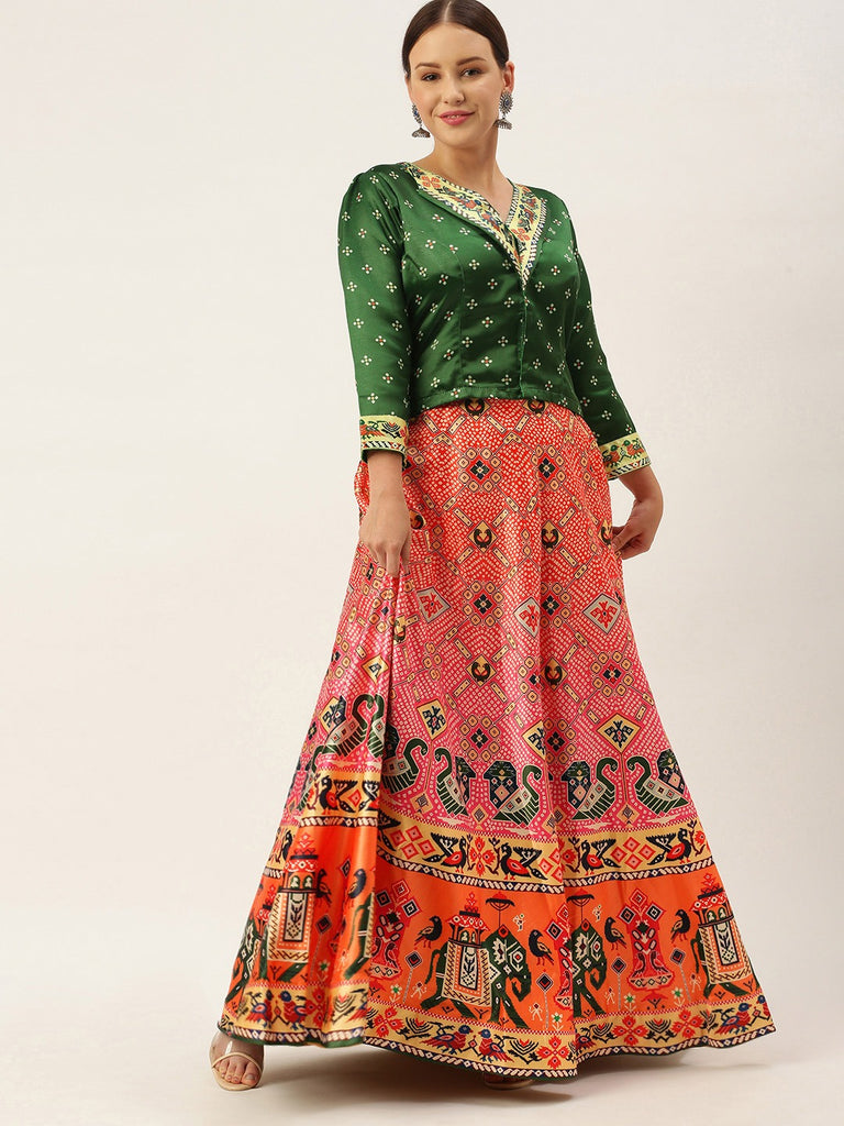 Women's Bandhni Patola Type Digital Print Shiney Satin Croptop Lehenga Choli With Unstitched Blouse