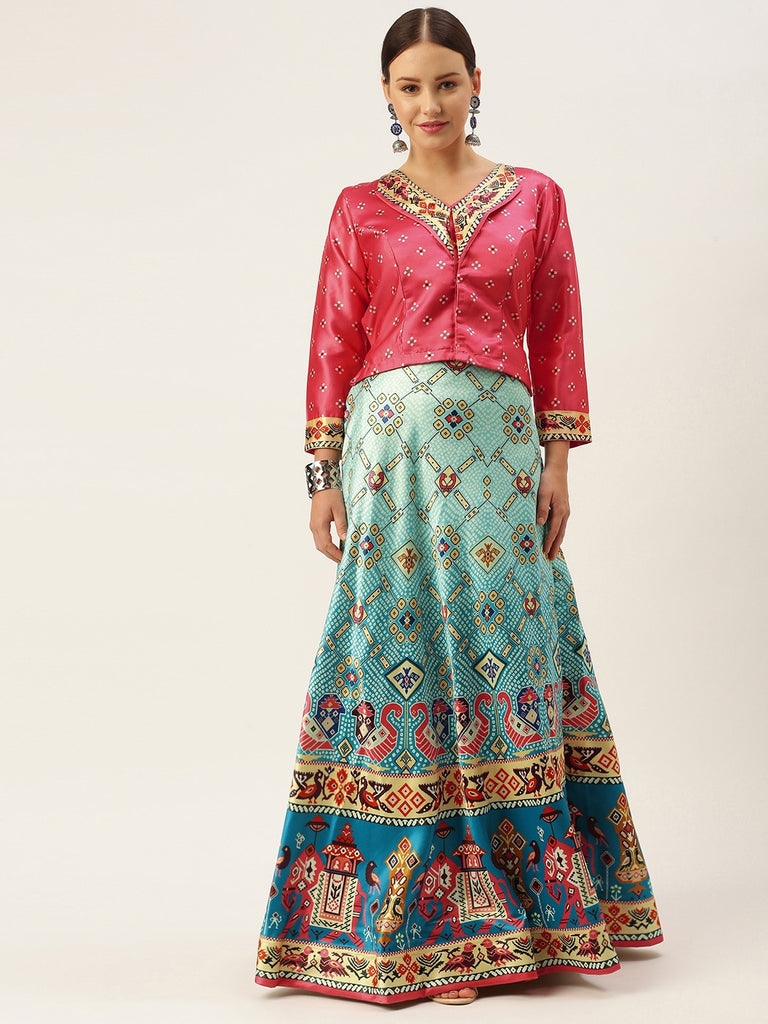 Women's Bandhni Patola Type Digital Print Shiney Satin Croptop Lehenga Choli With Unstitched Blouse