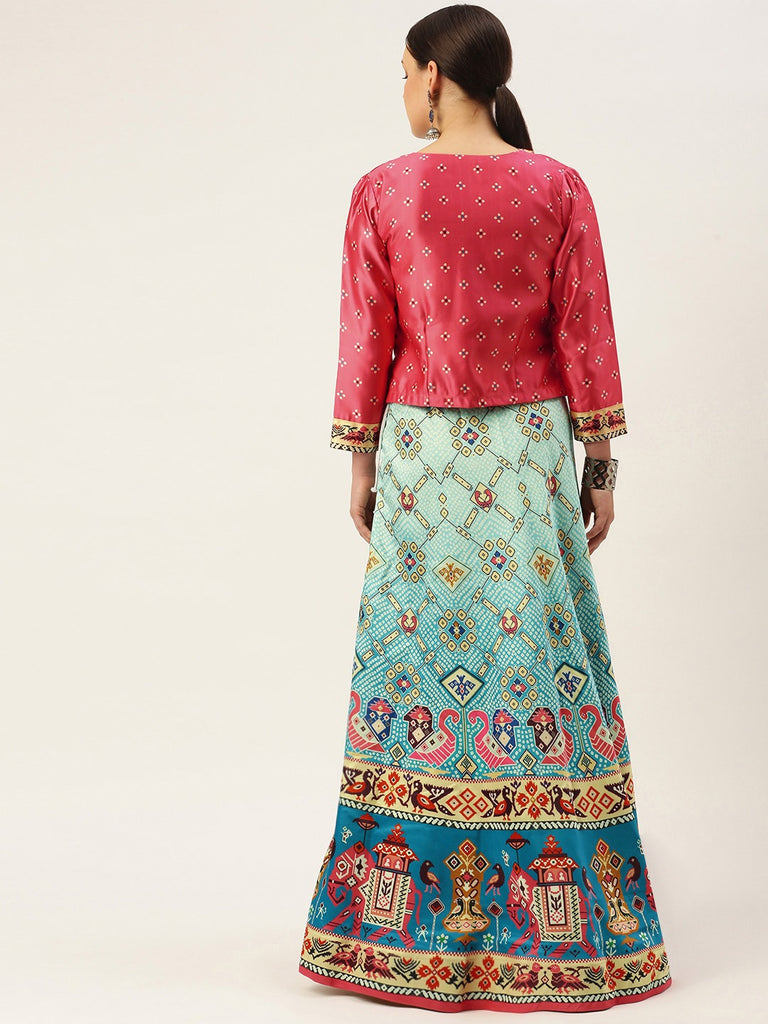 Women's Bandhni Patola Type Digital Print Shiney Satin Croptop Lehenga Choli With Unstitched Blouse