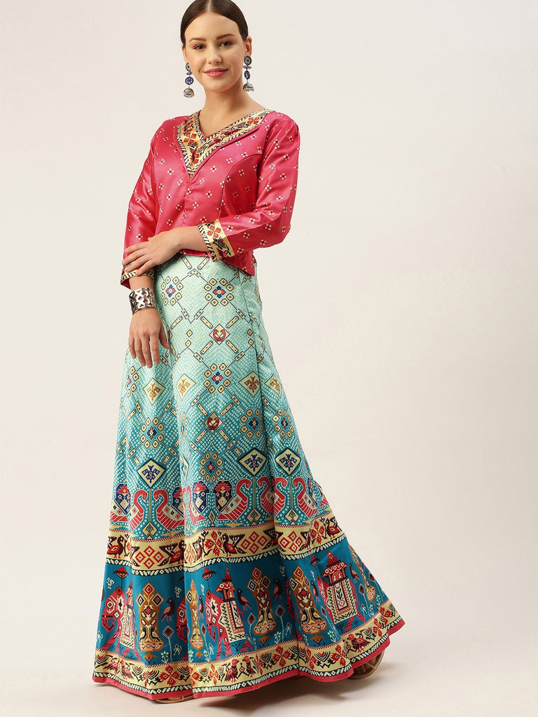 Women's Bandhni Patola Type Digital Print Shiney Satin Croptop Lehenga Choli With Unstitched Blouse