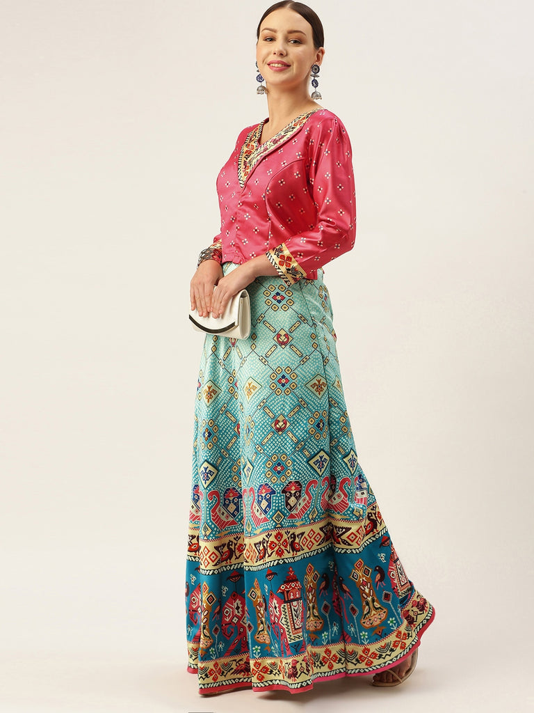 Women's Bandhni Patola Type Digital Print Shiney Satin Croptop Lehenga Choli With Unstitched Blouse