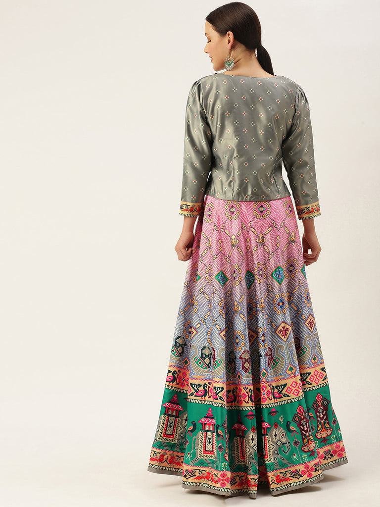 Women's Bandhni Patola Type Digital Print Shiney Satin Croptop Lehenga Choli With Unstitched Blouse