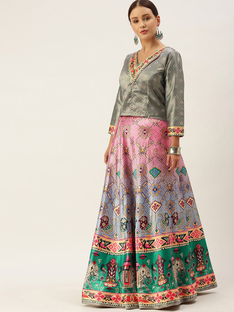 Women's Bandhni Patola Type Digital Print Shiney Satin Croptop Lehenga Choli With Unstitched Blouse