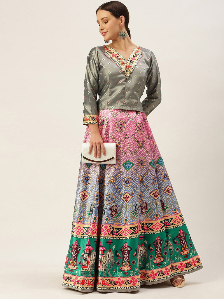 Women's Bandhni Patola Type Digital Print Shiney Satin Croptop Lehenga Choli With Unstitched Blouse