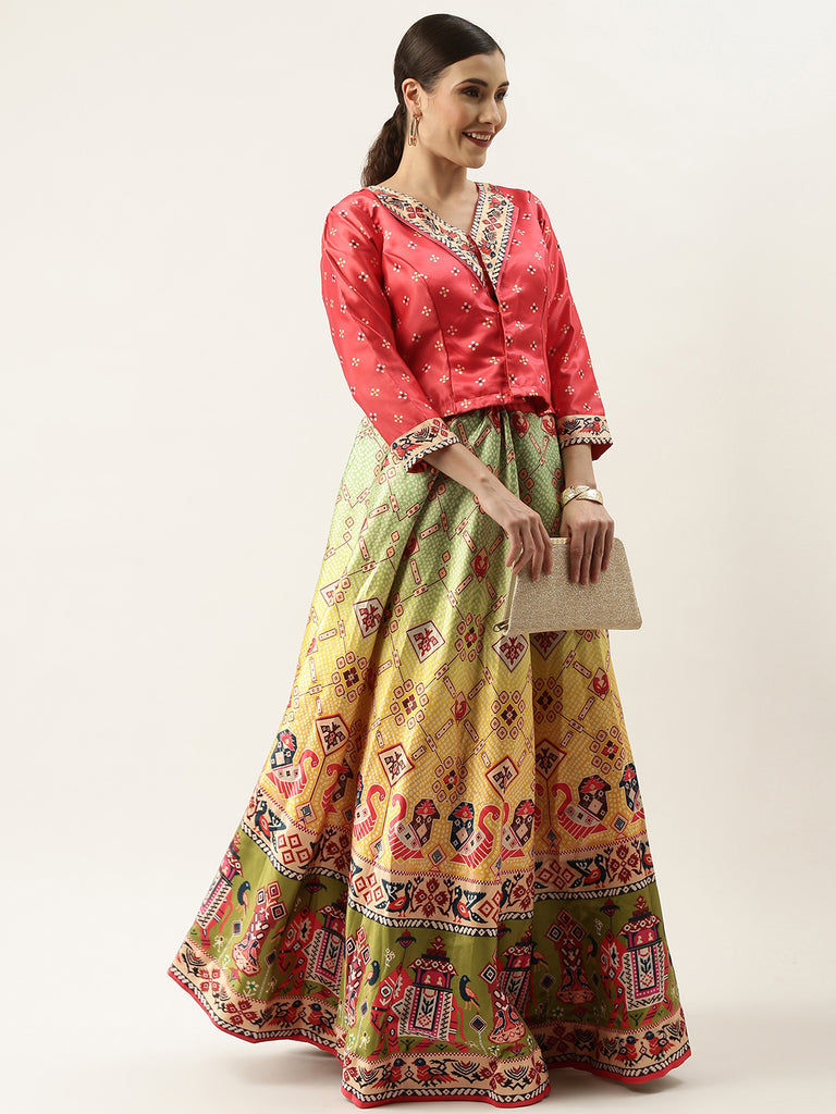 Women's Bandhni Patola Type Digital Print Shiney Satin Croptop Lehenga Choli With Unstitched Blouse