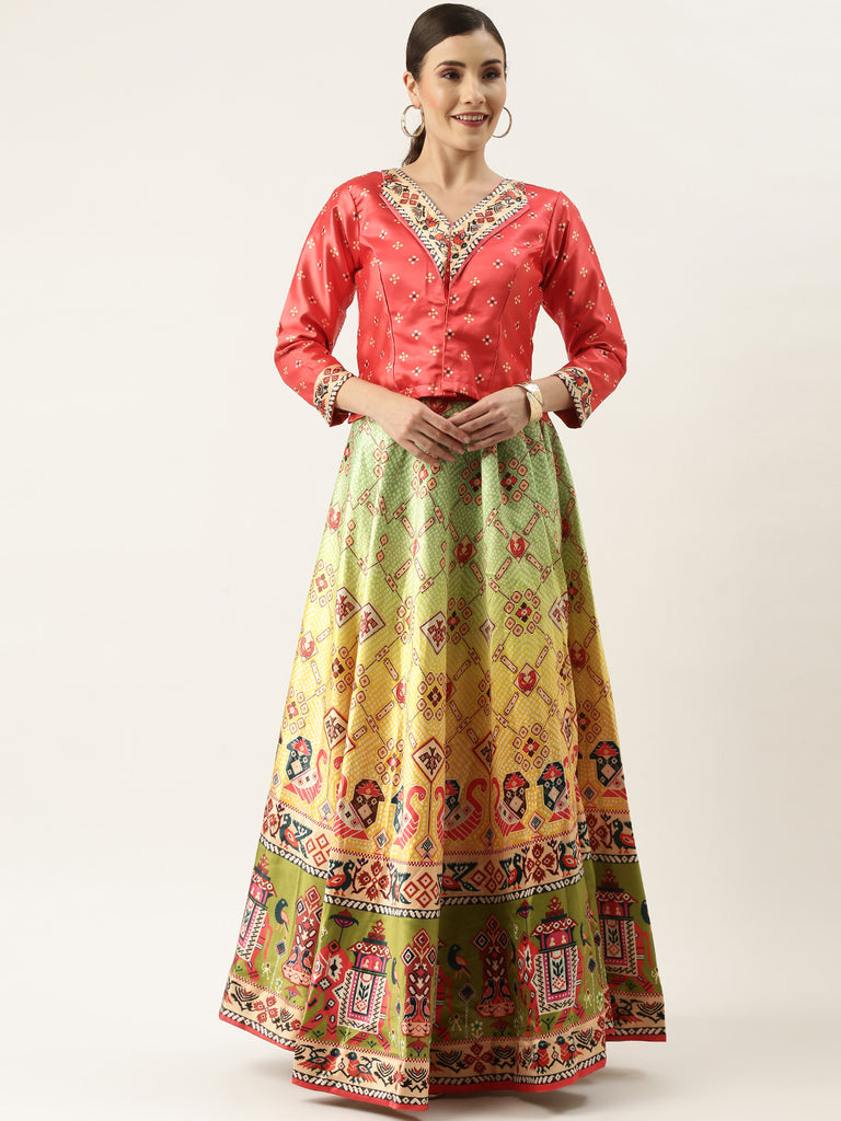 Women's Bandhni Patola Type Digital Print Shiney Satin Croptop Lehenga Choli With Unstitched Blouse