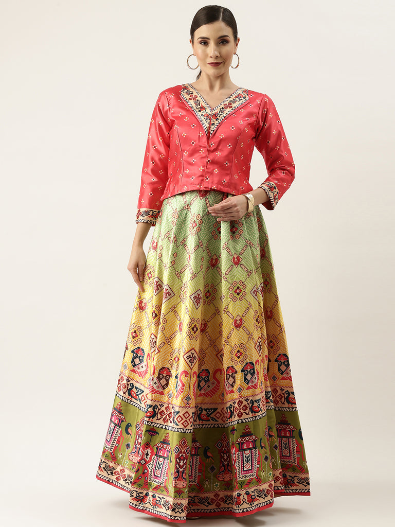 Women's Bandhni Patola Type Digital Print Shiney Satin Croptop Lehenga Choli With Unstitched Blouse