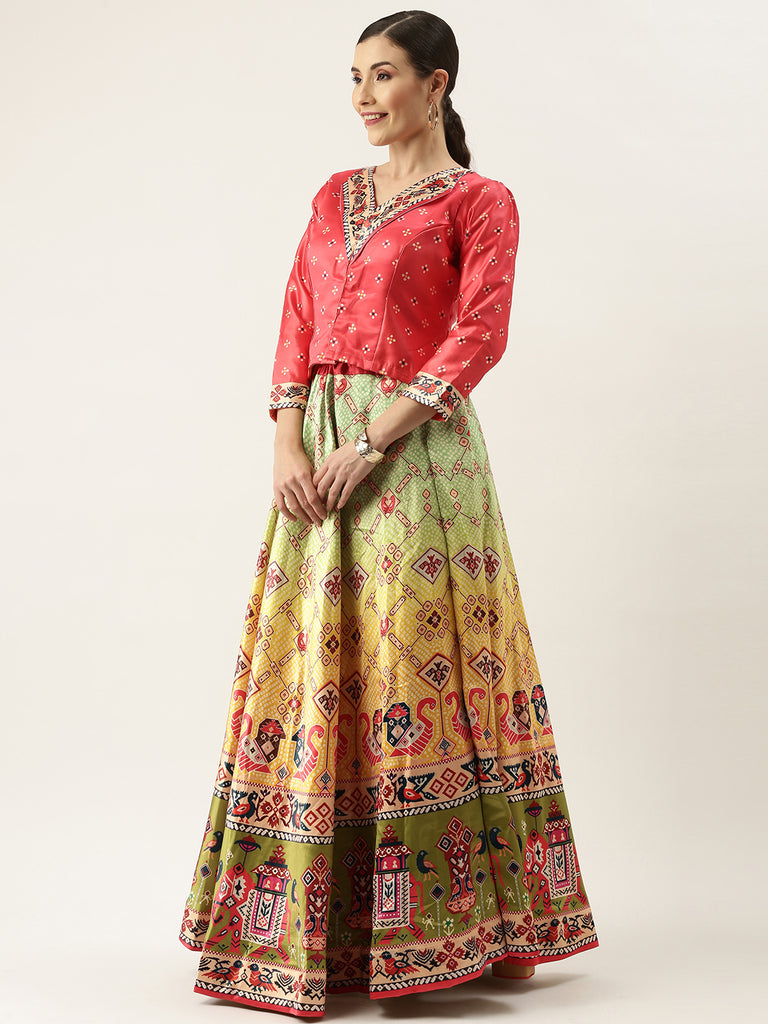 Women's Bandhni Patola Type Digital Print Shiney Satin Croptop Lehenga Choli With Unstitched Blouse