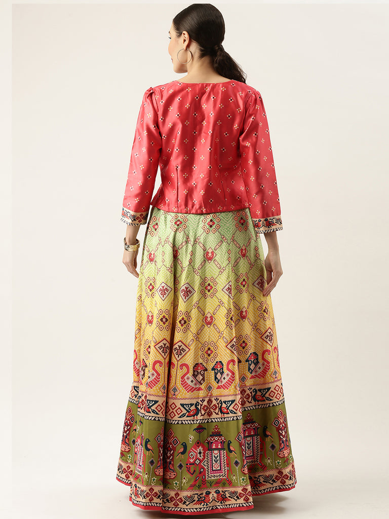 Women's Bandhni Patola Type Digital Print Shiney Satin Croptop Lehenga Choli With Unstitched Blouse