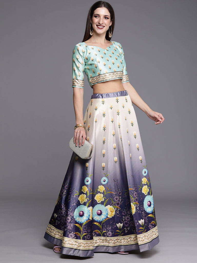 Women's Ethnic Motifs Digital Print Shiney Satin Croptop Lehenga Choli With Unstitched Blouse