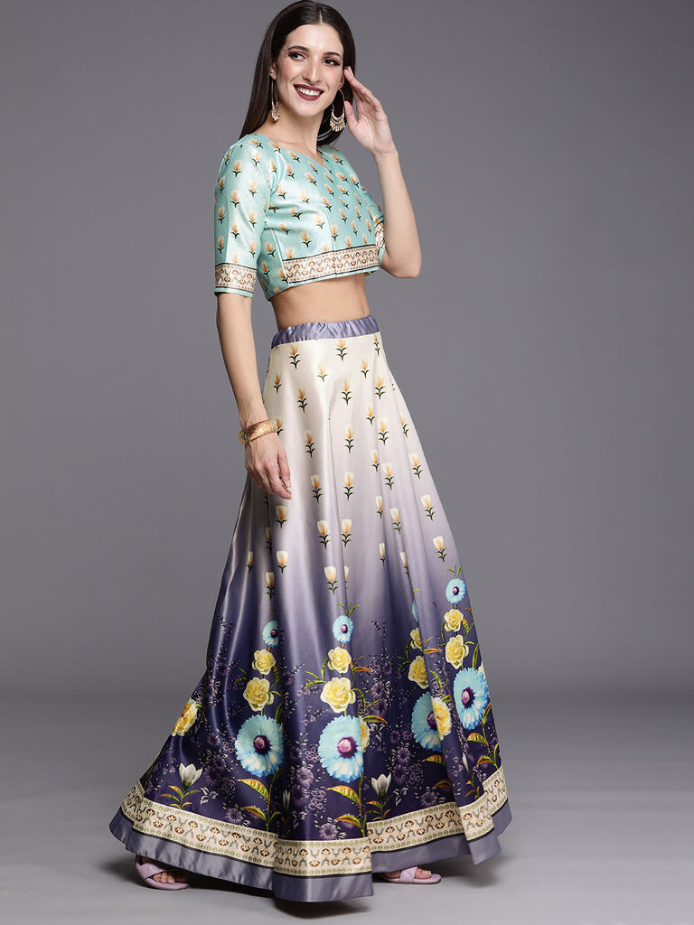 Women's Ethnic Motifs Digital Print Shiney Satin Croptop Lehenga Choli With Unstitched Blouse