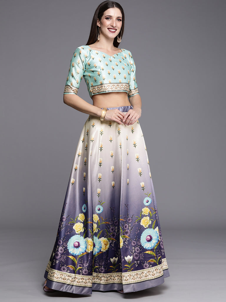 Women's Ethnic Motifs Digital Print Shiney Satin Croptop Lehenga Choli With Unstitched Blouse