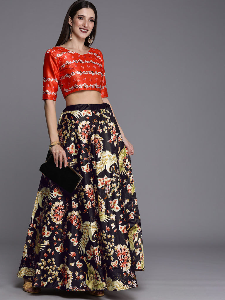 Women's Ethnic Motifs Digital Print Shiney Satin Croptop Lehenga Choli With Unstitched Blouse