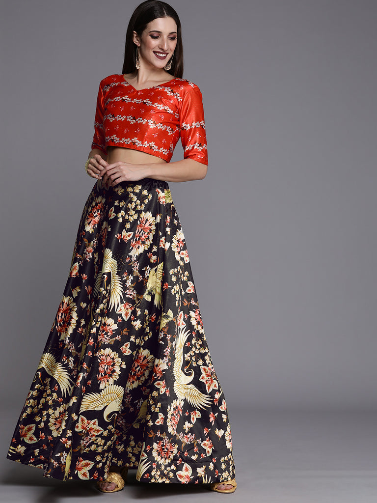 Women's Ethnic Motifs Digital Print Shiney Satin Croptop Lehenga Choli With Unstitched Blouse