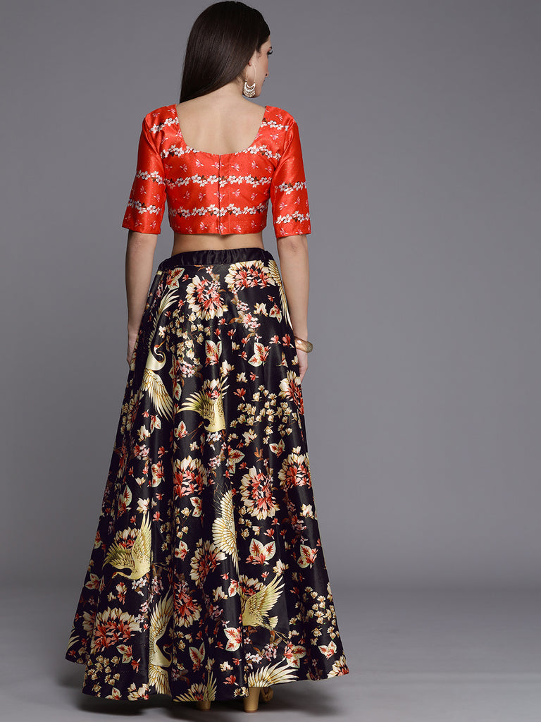 Women's Ethnic Motifs Digital Print Shiney Satin Croptop Lehenga Choli With Unstitched Blouse