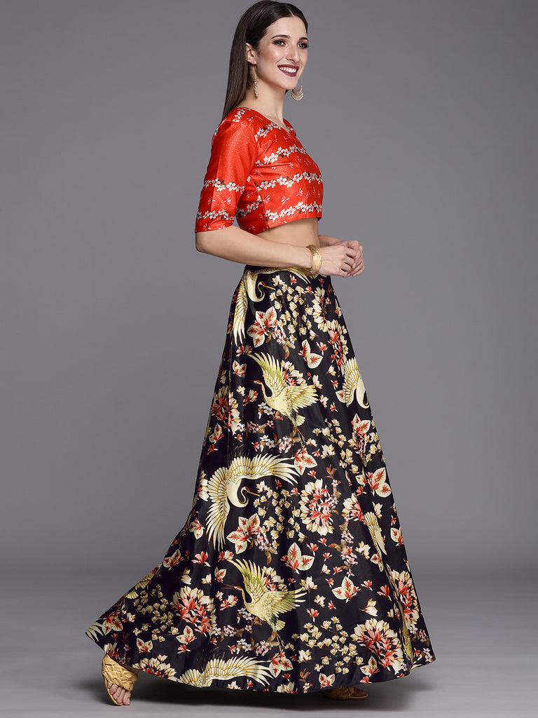 Women's Ethnic Motifs Digital Print Shiney Satin Croptop Lehenga Choli With Unstitched Blouse