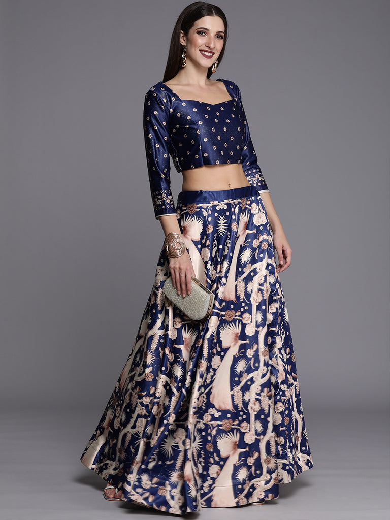 Women's Ethnic Motifs Digital Print Shiney Satin Croptop Lehenga Choli With Unstitched Blouse