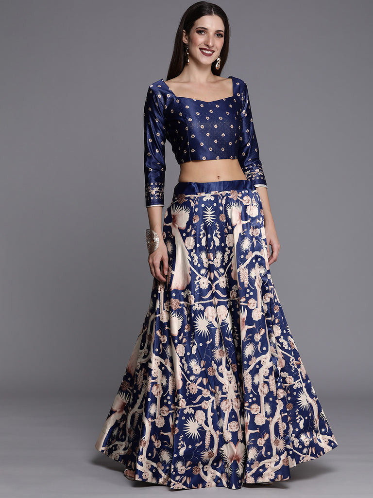 Women's Ethnic Motifs Digital Print Shiney Satin Croptop Lehenga Choli With Unstitched Blouse