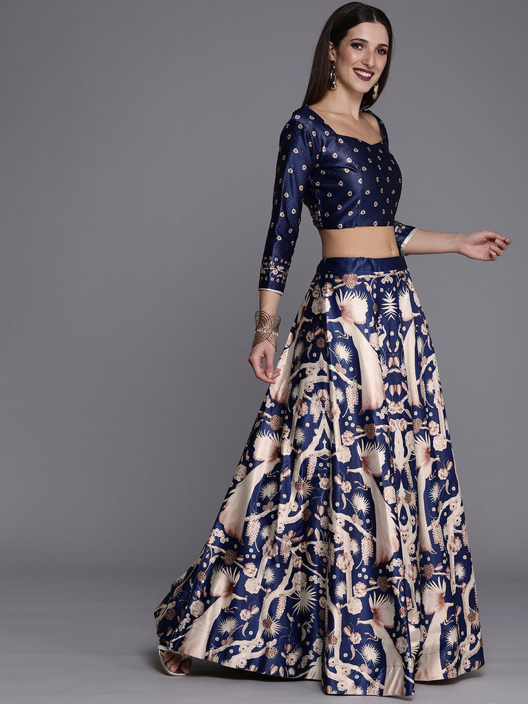 Women's Ethnic Motifs Digital Print Shiney Satin Croptop Lehenga Choli With Unstitched Blouse