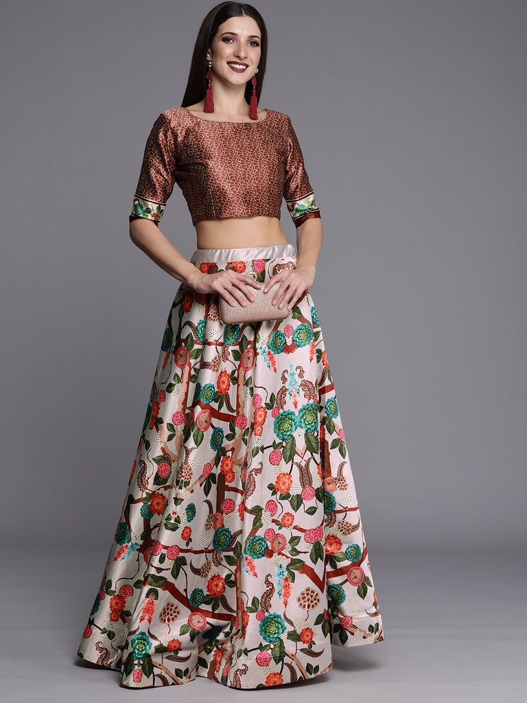 Women's Ethnic Motifs Digital Print Shiney Satin Croptop Lehenga Choli With Unstitched Blouse