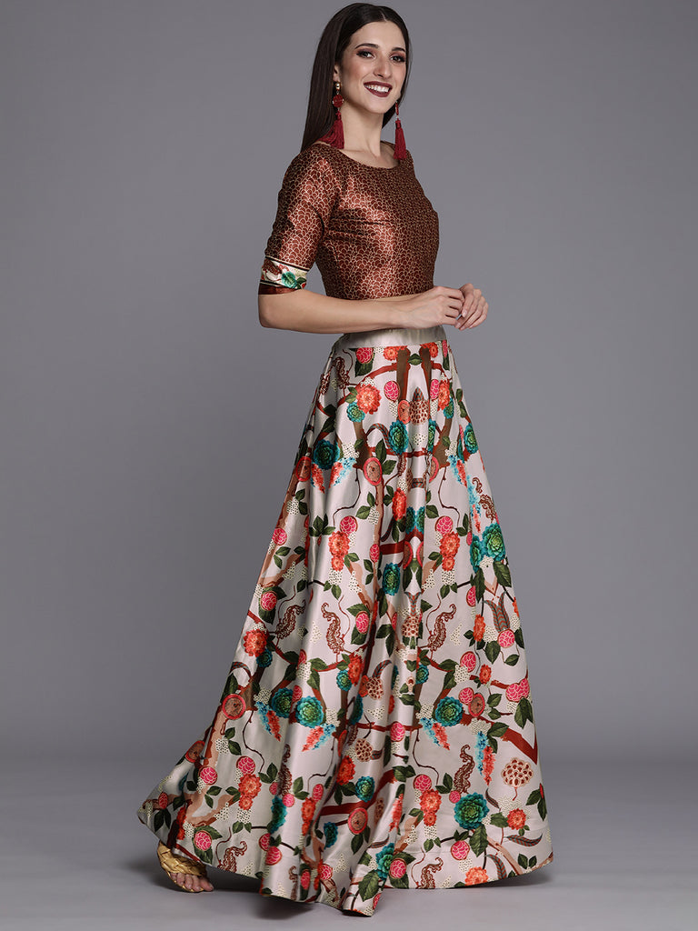 Women's Ethnic Motifs Digital Print Shiney Satin Croptop Lehenga Choli With Unstitched Blouse