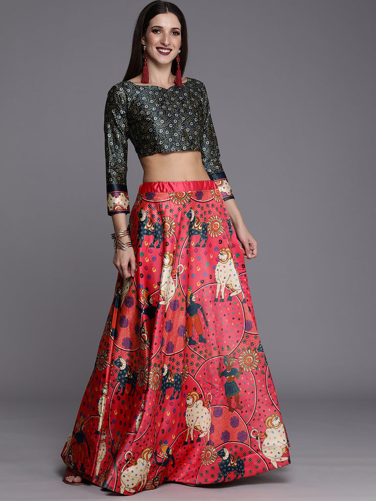 Women's Ethnic Motifs Digital Print Shiney Satin Croptop Lehenga Choli With Unstitched Blouse