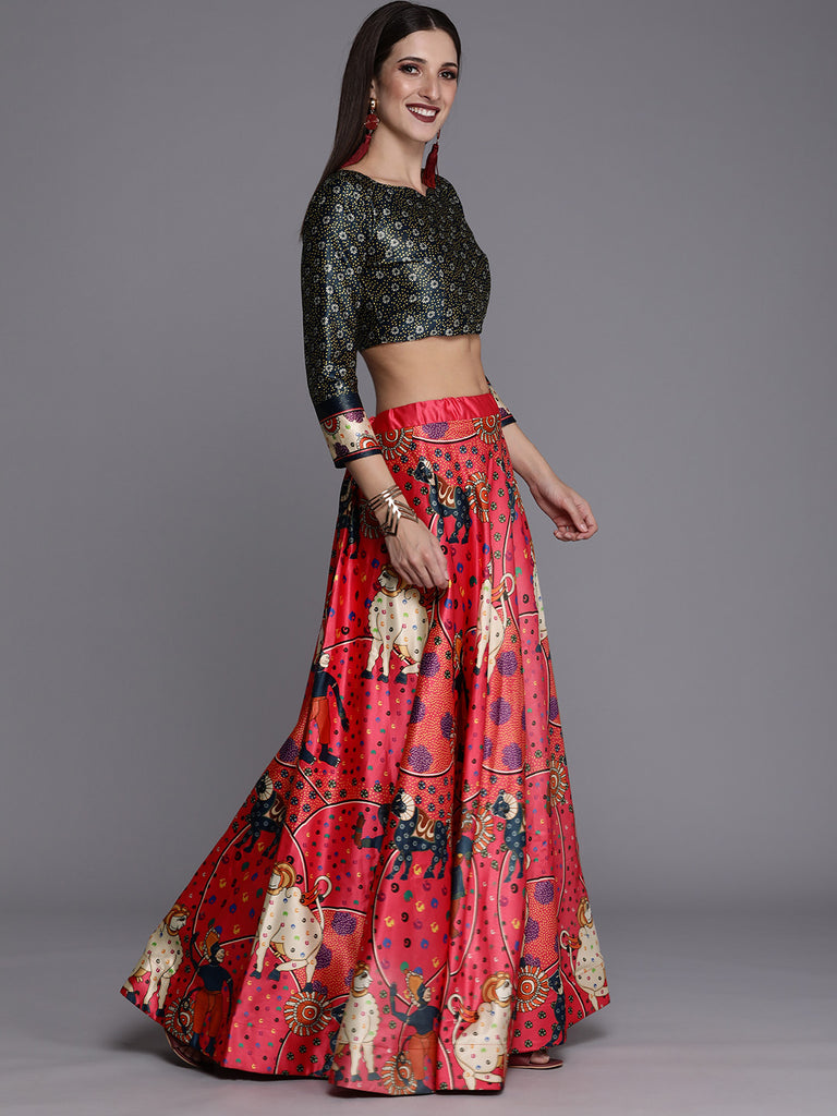 Women's Ethnic Motifs Digital Print Shiney Satin Croptop Lehenga Choli With Unstitched Blouse