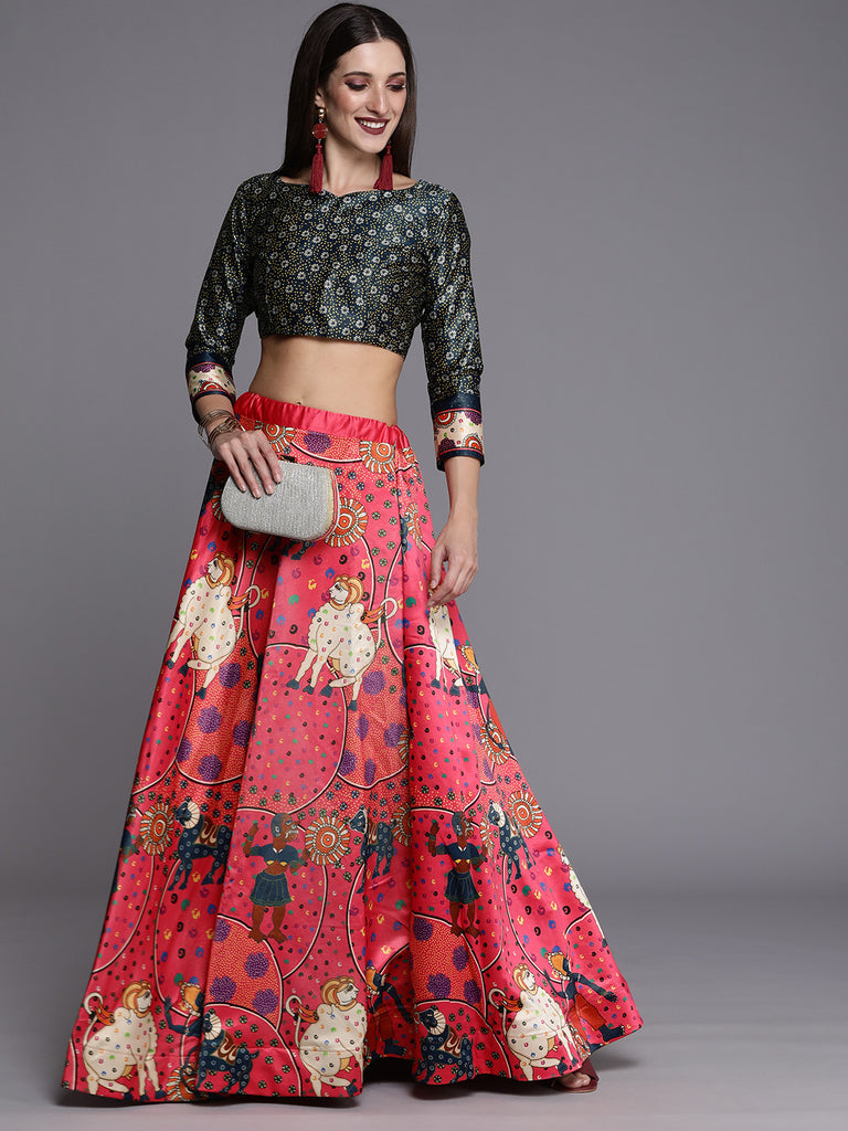 Women's Ethnic Motifs Digital Print Shiney Satin Croptop Lehenga Choli With Unstitched Blouse