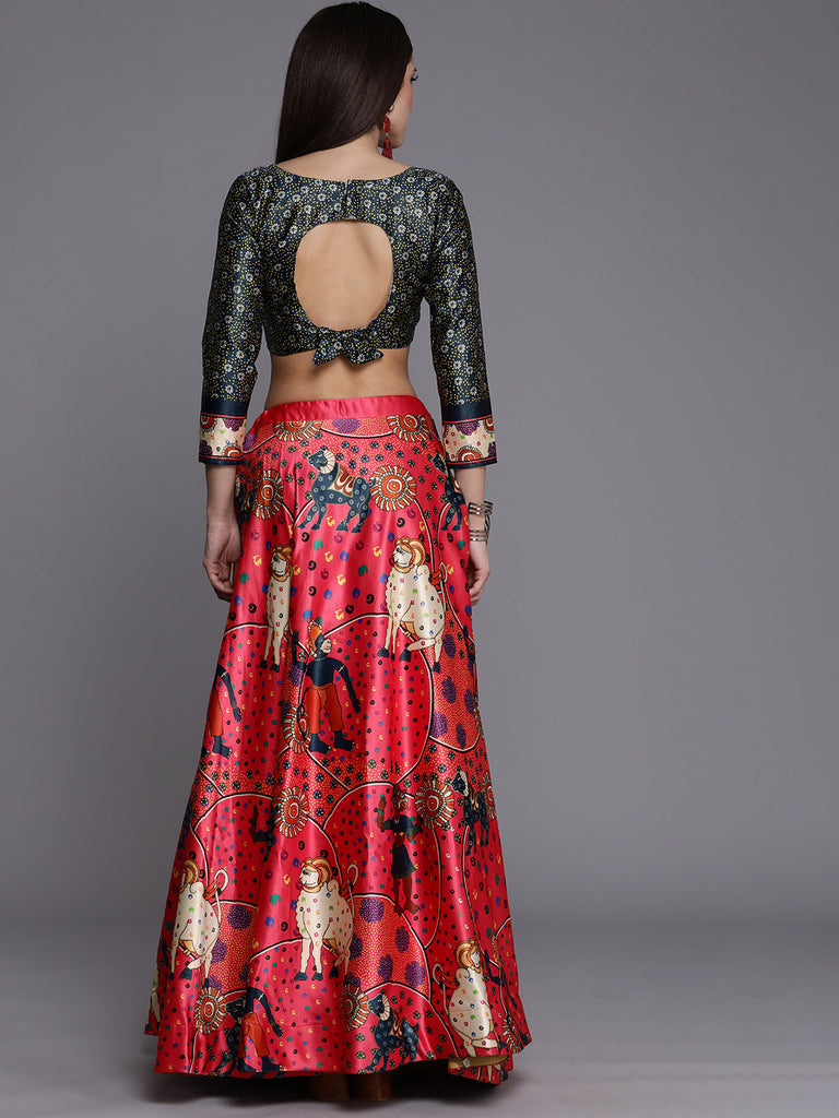 Women's Ethnic Motifs Digital Print Shiney Satin Croptop Lehenga Choli With Unstitched Blouse