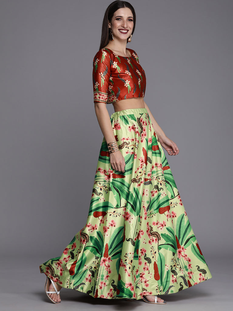 Women's Ethnic Motifs Digital Print Shiney Satin Croptop Lehenga Choli With Unstitched Blouse