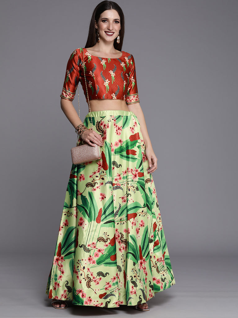 Women's Ethnic Motifs Digital Print Shiney Satin Croptop Lehenga Choli With Unstitched Blouse