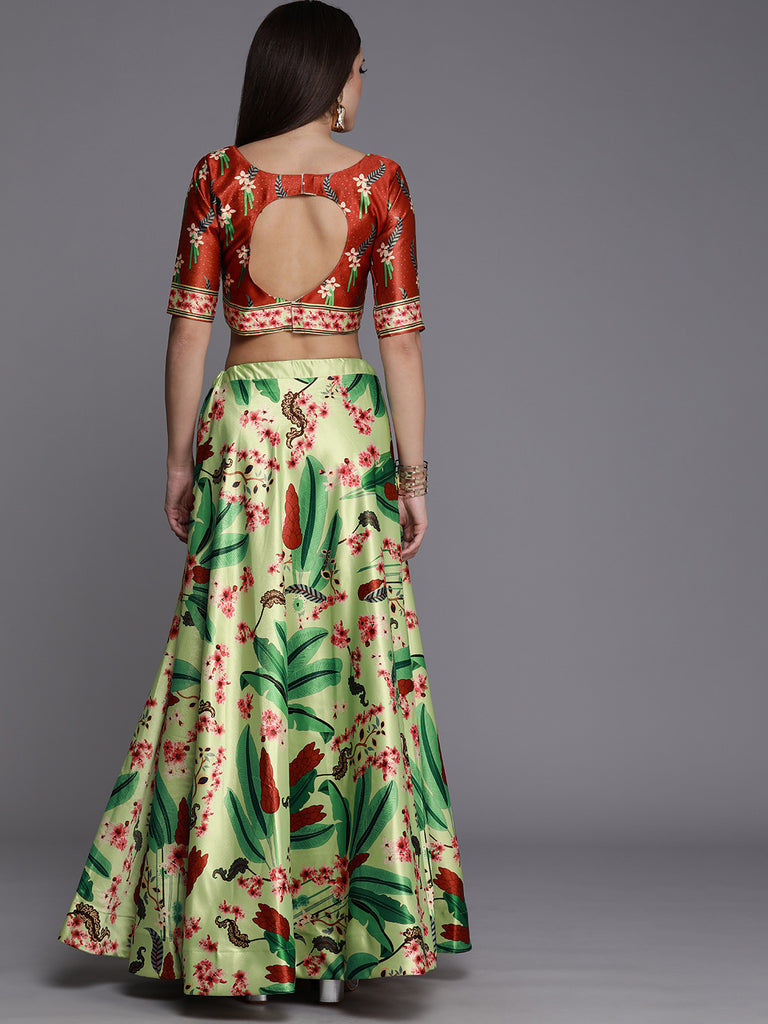 Women's Ethnic Motifs Digital Print Shiney Satin Croptop Lehenga Choli With Unstitched Blouse