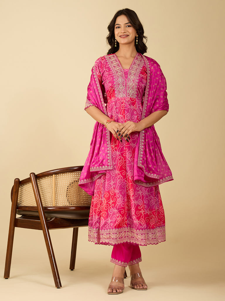 Women's Pink And Orange CHINON Embroidery Worked V Shape Kurta Sets