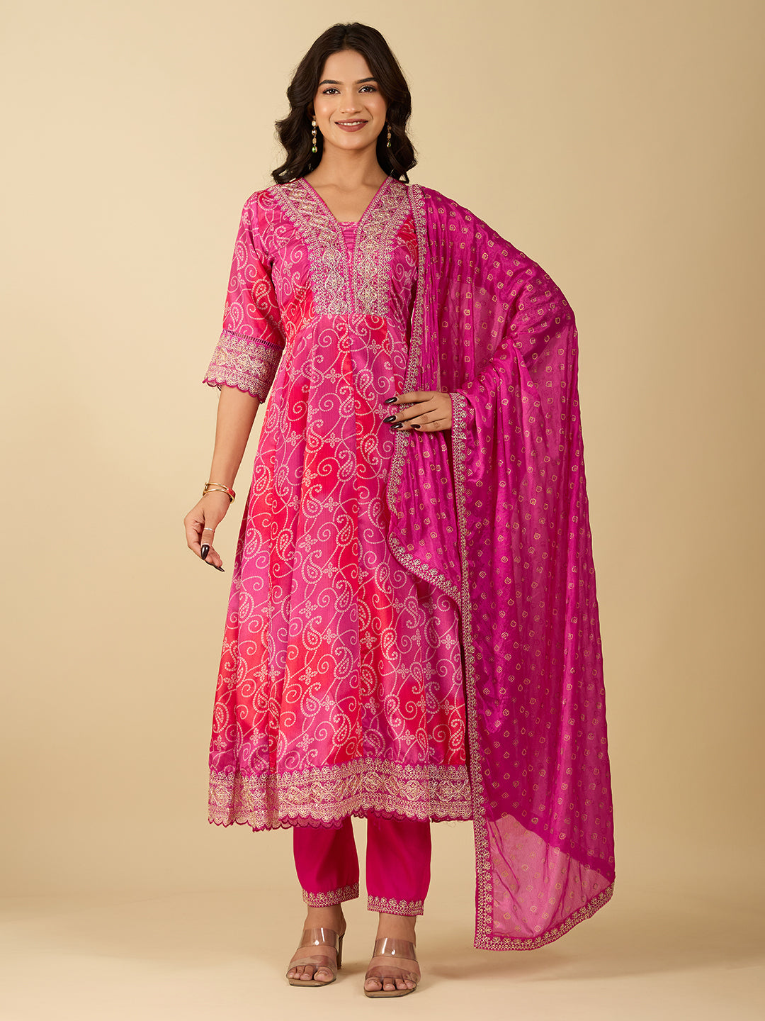 Women's Pink And Orange CHINON Embroidery Worked V Shape Anarkali Set