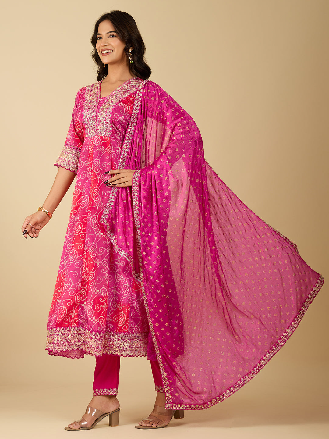 Women's Pink And Orange CHINON Embroidery Worked V Shape Kurta Sets