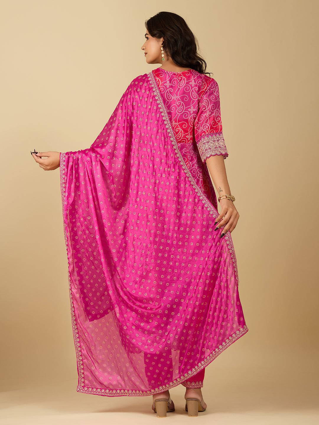 Women's Pink And Orange CHINON Embroidery Worked V Shape Anarkali Set