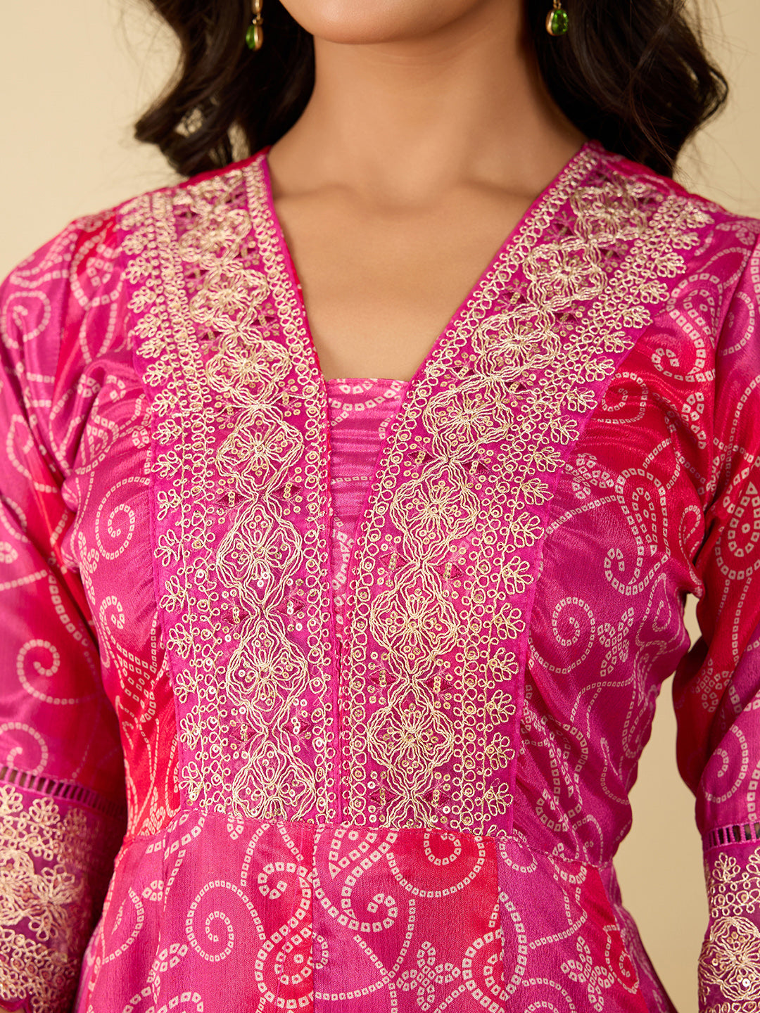 Women's Pink And Orange CHINON Embroidery Worked V Shape Anarkali Set