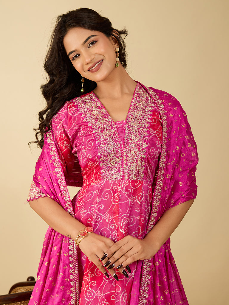 Women's Pink And Orange CHINON Embroidery Worked V Shape Kurta Sets