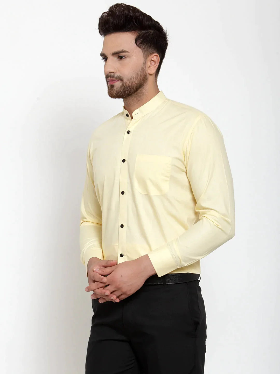 Men's Yellow Cotton Solid Mandarin Collar Formal Shirts - Taantav