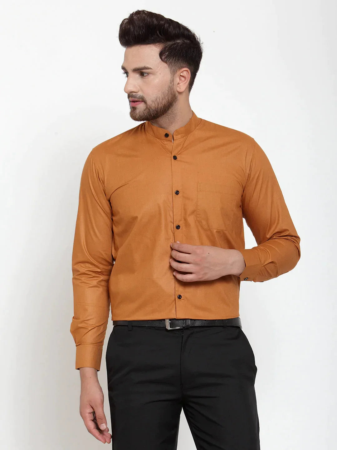 Men's Rust Cotton Solid Mandarin Collar Formal Shirts - Taantav