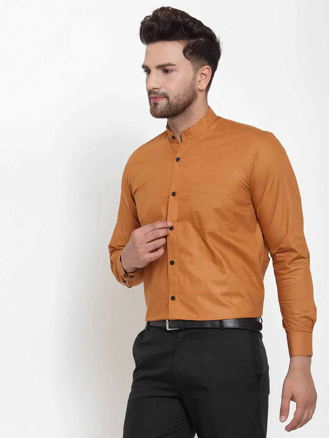 Men's Rust Cotton Solid Mandarin Collar Formal Shirts - Taantav