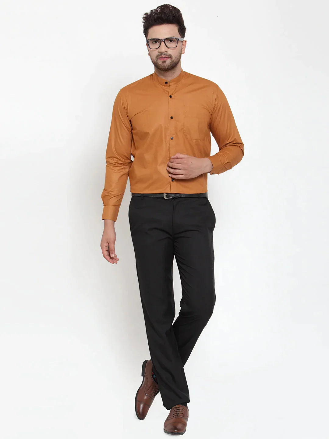 Men's Rust Cotton Solid Mandarin Collar Formal Shirts - Taantav